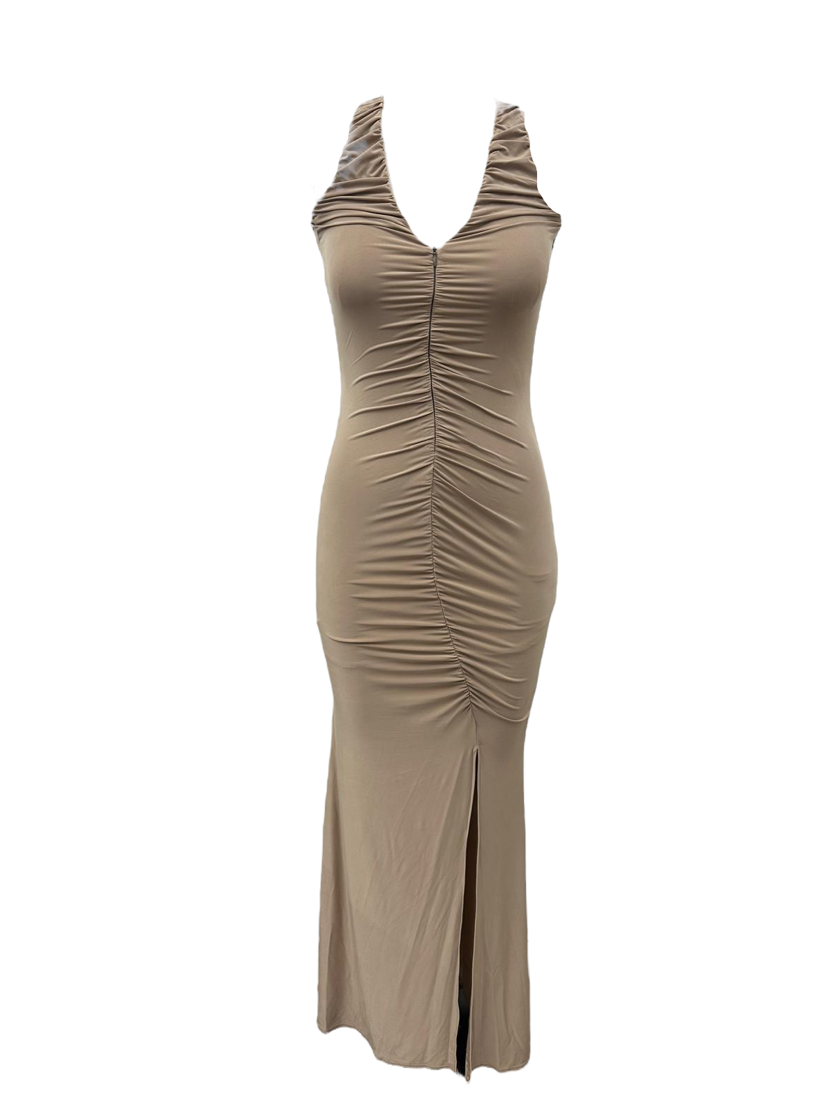 Slinky Zip Front Ruched Maxi Dress