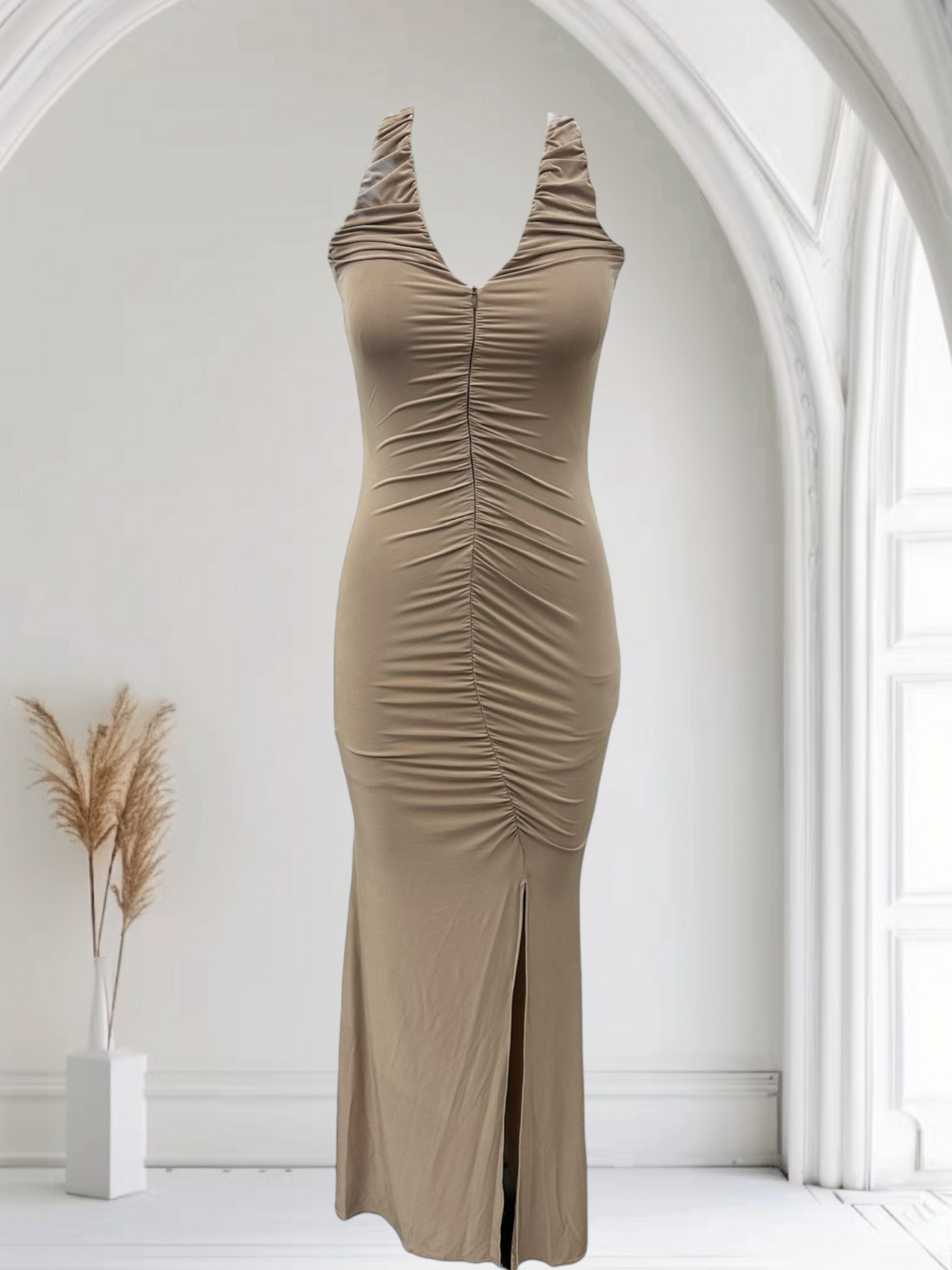 Slinky Zip Front Ruched Maxi Dress