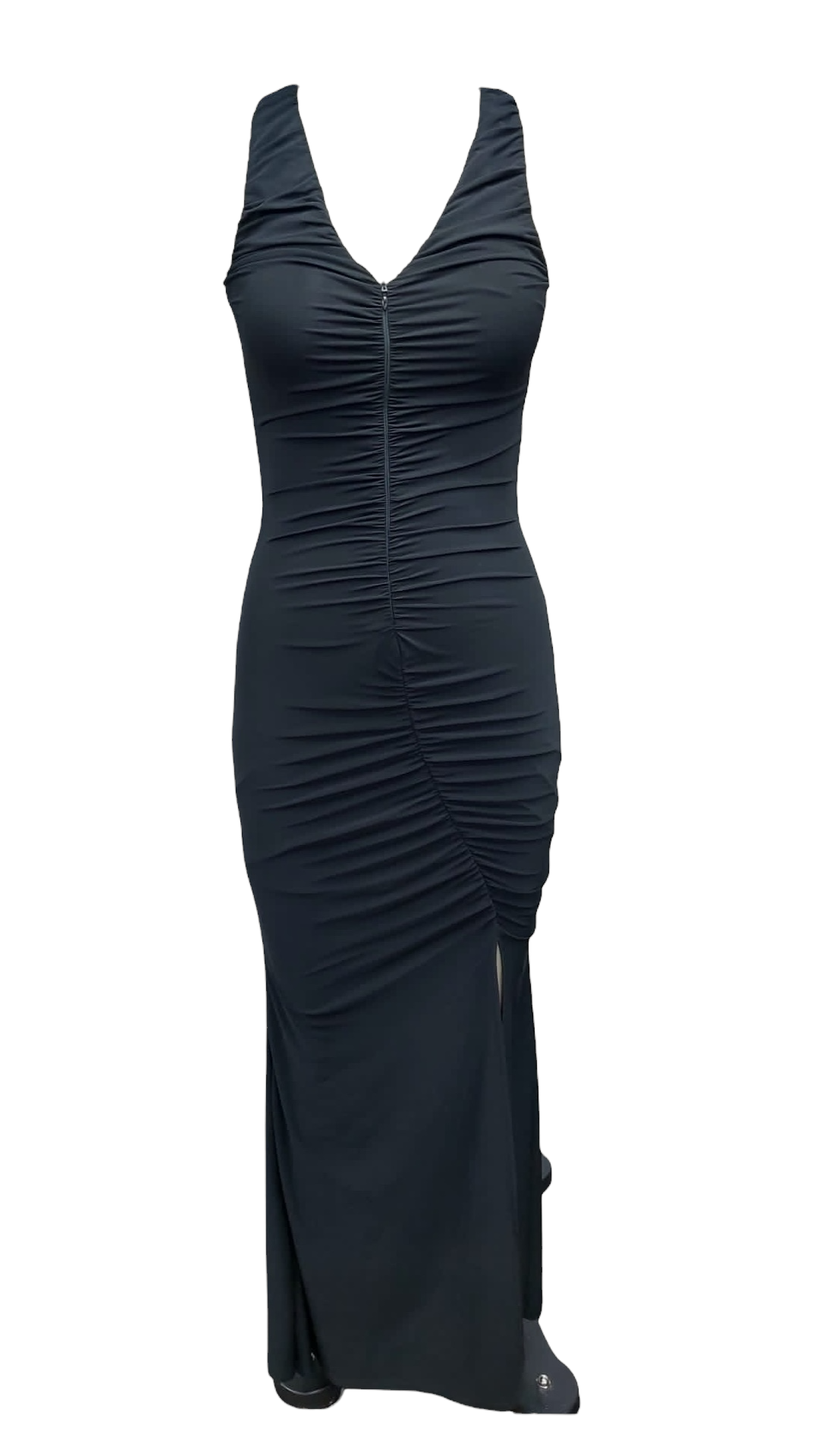 Slinky Zip Front Ruched Maxi Dress